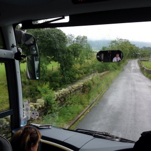The view from the bus including a dry stone wall typical of the area